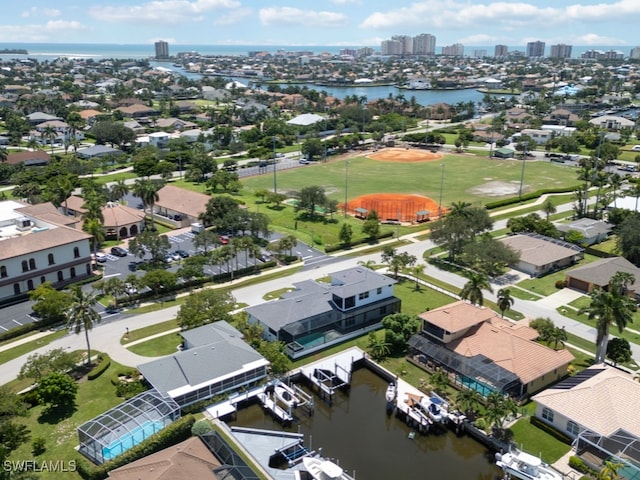 drone / aerial view featuring a water view