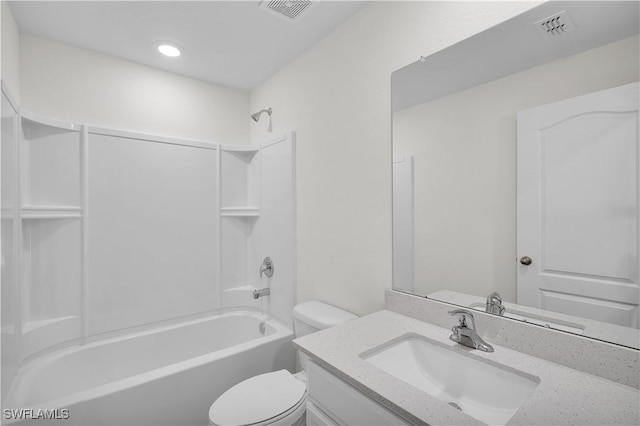 full bathroom featuring toilet, vanity, visible vents, and shower / bathtub combination