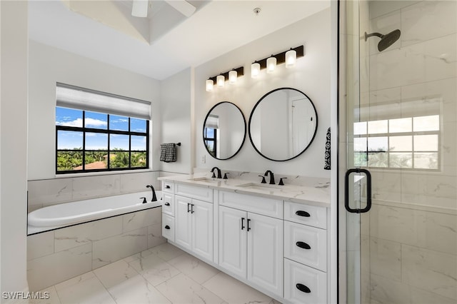 bathroom featuring ceiling fan, tile patterned flooring, vanity, and independent shower and bath