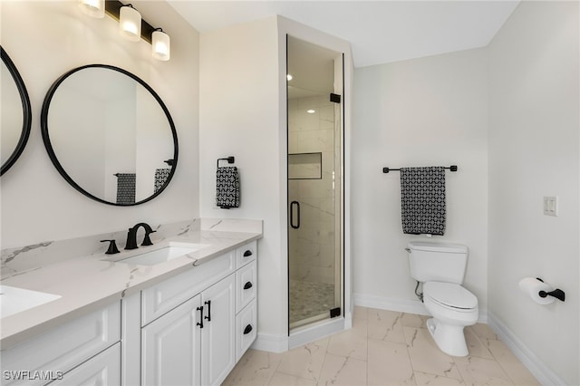 bathroom with tile patterned floors, vanity, walk in shower, and toilet