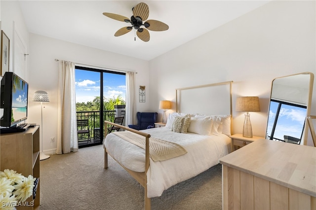 carpeted bedroom with ceiling fan and access to outside