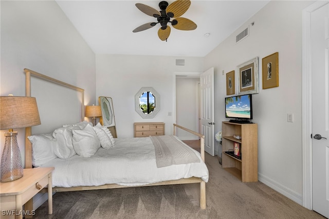 carpeted bedroom with ceiling fan