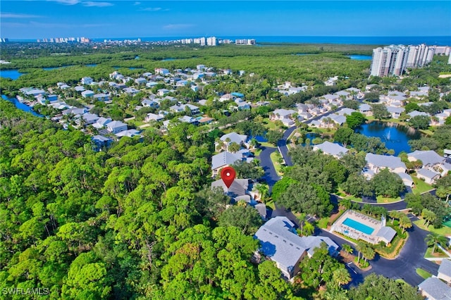 drone / aerial view featuring a water view