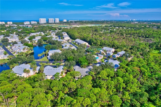 drone / aerial view featuring a water view