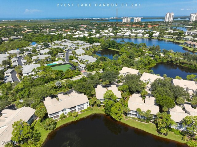 drone / aerial view featuring a water view