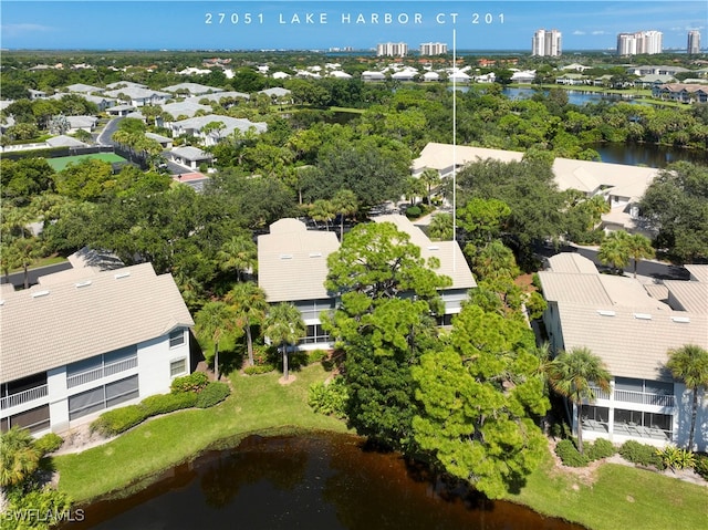 drone / aerial view featuring a water view