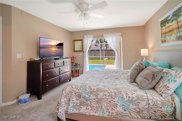 carpeted bedroom featuring ceiling fan and access to outside