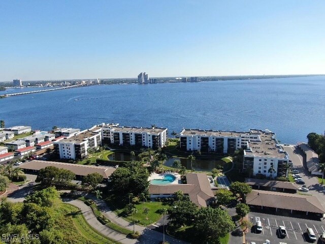 drone / aerial view with a water view