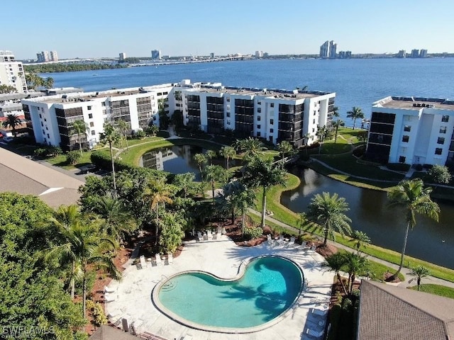 aerial view featuring a water view