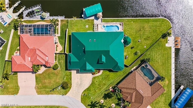 aerial view featuring a water view