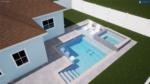 view of swimming pool featuring a yard and an in ground hot tub