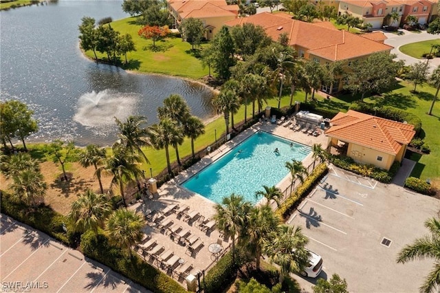 aerial view featuring a water view