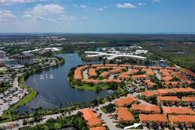 aerial view featuring a water view