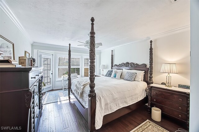 bedroom with crown molding, dark wood-type flooring, ceiling fan, access to exterior, and a textured ceiling