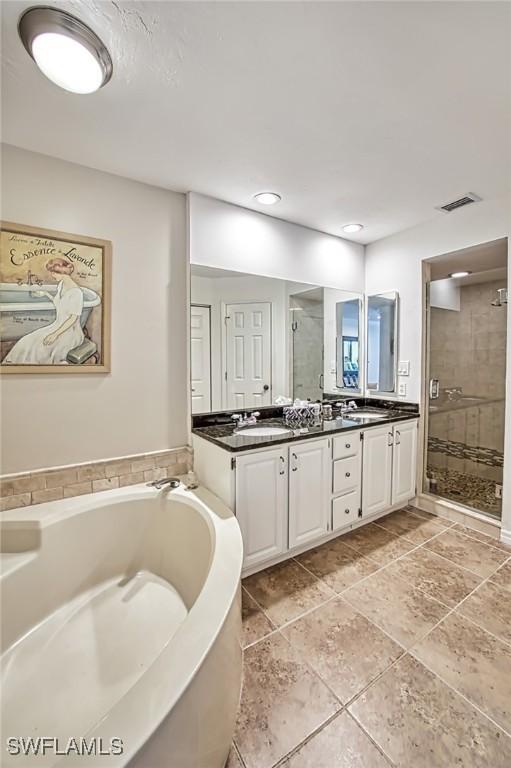 bathroom featuring vanity and plus walk in shower