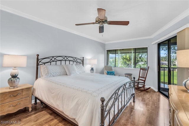 bedroom with ceiling fan, hardwood / wood-style floors, ornamental molding, and access to outside