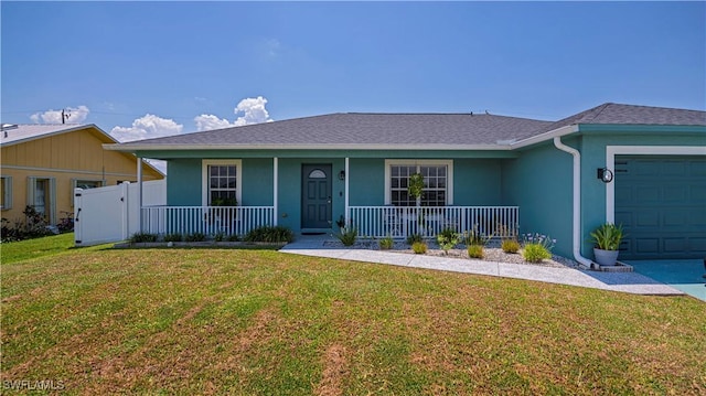 ranch-style home with covered porch, a garage, and a front yard