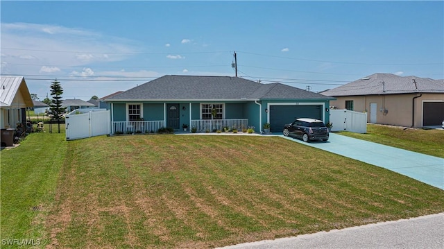 single story home with covered porch, a garage, and a front lawn