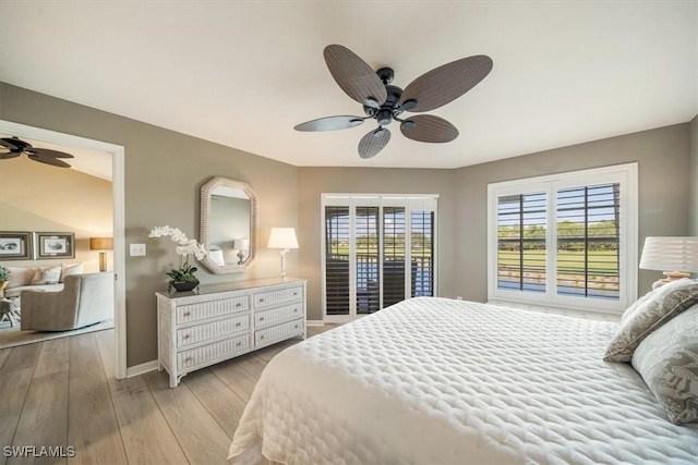 bedroom with access to exterior, ceiling fan, and light wood-type flooring