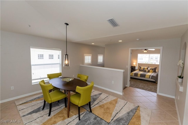 dining room with recessed lighting, visible vents, baseboards, and light tile patterned floors