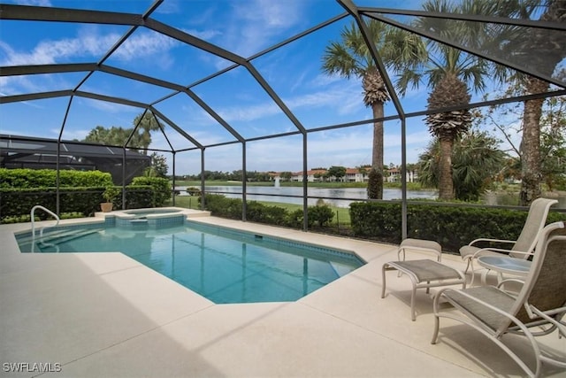 view of swimming pool with a lanai, a patio area, an in ground hot tub, and a water view