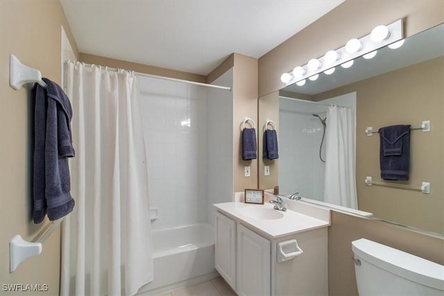 full bathroom featuring toilet, shower / tub combo, tile patterned floors, and vanity