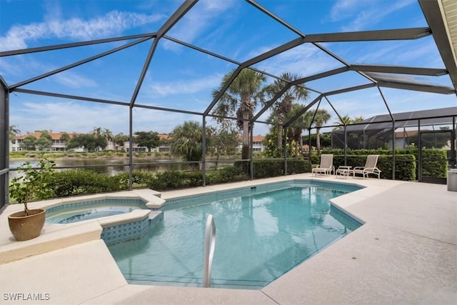 view of swimming pool featuring a patio area, glass enclosure, an in ground hot tub, and a water view