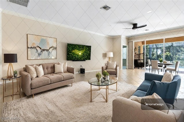 tiled living room featuring ceiling fan