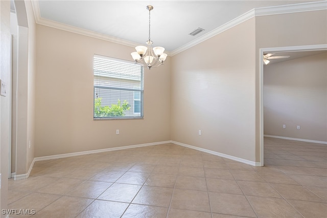 tiled empty room with crown molding and ceiling fan with notable chandelier