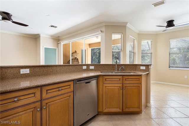 kitchen with ceiling fan, sink, dishwasher, and light tile patterned floors