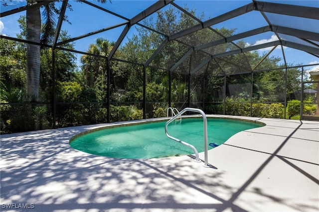 view of swimming pool with a lanai and a patio area