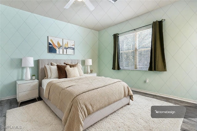 bedroom with ceiling fan and light wood-type flooring