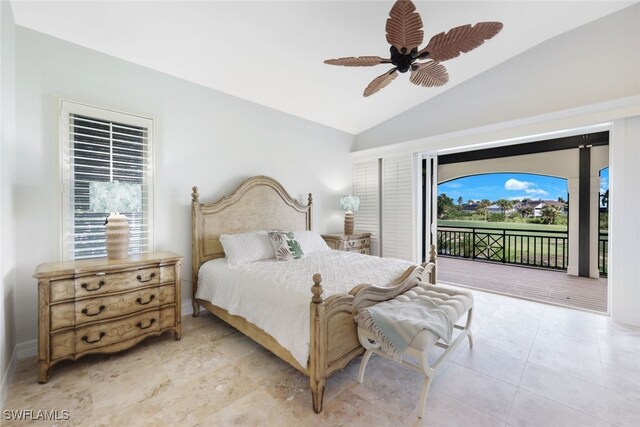 bedroom with multiple windows, access to exterior, lofted ceiling, and ceiling fan