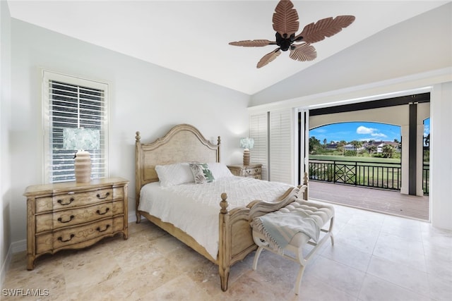 bedroom featuring ceiling fan, lofted ceiling, light tile patterned floors, and access to outside