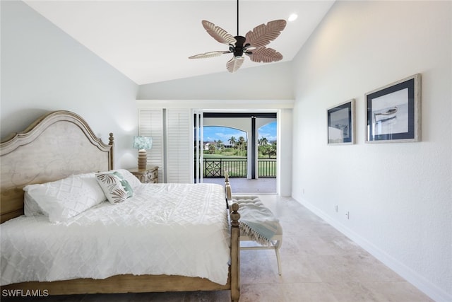 bedroom featuring ceiling fan, light tile patterned floors, access to exterior, and high vaulted ceiling