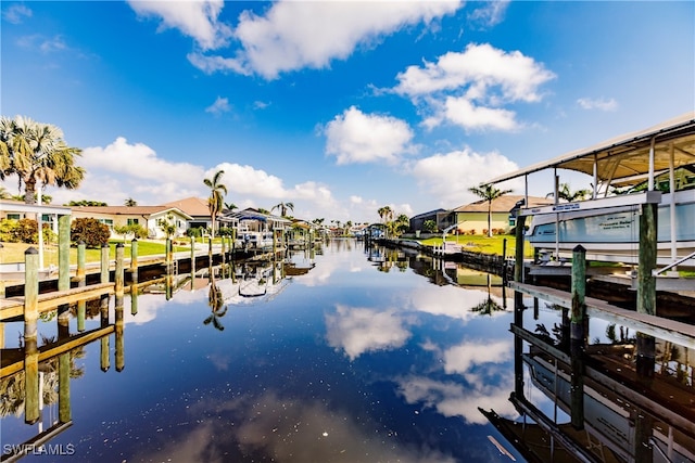 dock area with a water view, boat lift, and a residential view