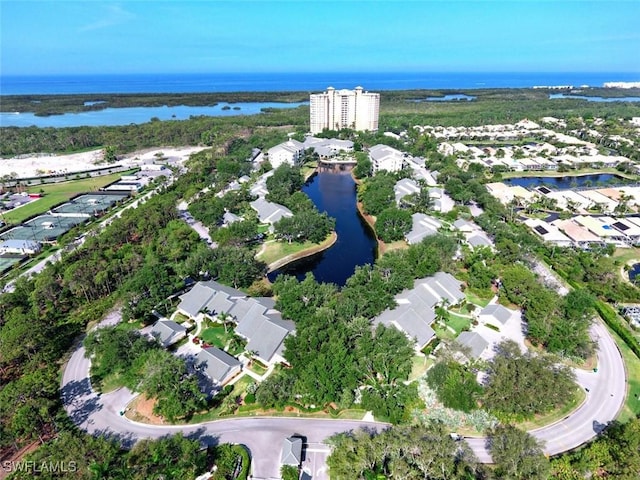 aerial view featuring a residential view and a water view