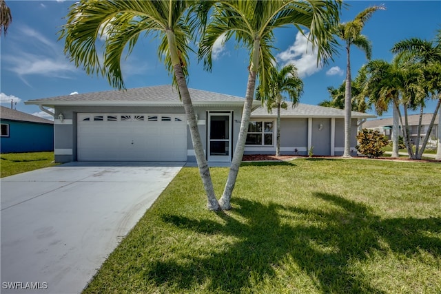 single story home featuring a front lawn and a garage