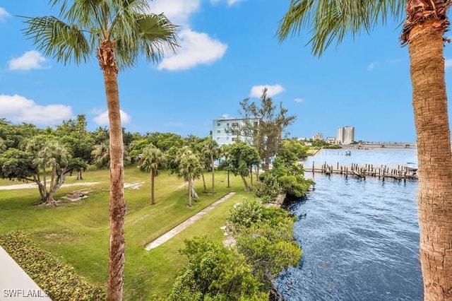 view of community featuring a lawn and a water view