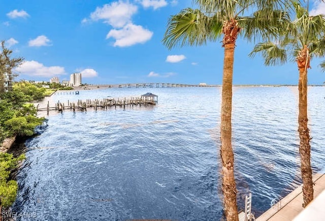 view of dock with a water view