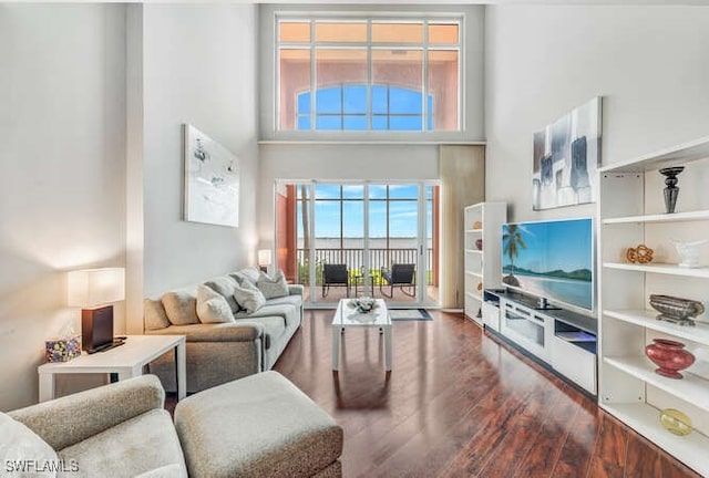 living room featuring a towering ceiling and dark wood-type flooring