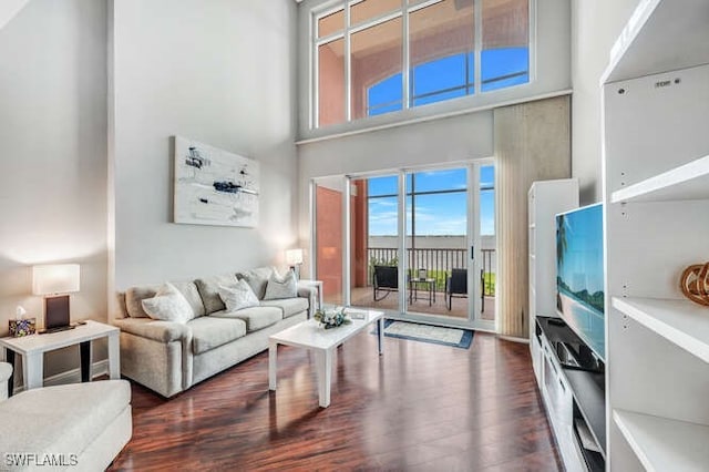 living room featuring dark hardwood / wood-style floors and a towering ceiling