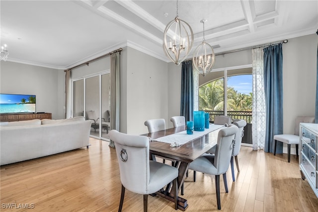 dining space with a chandelier, coffered ceiling, crown molding, beamed ceiling, and light wood-type flooring