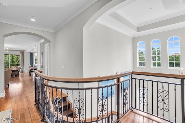 hallway featuring a tray ceiling, light hardwood / wood-style floors, a chandelier, and crown molding