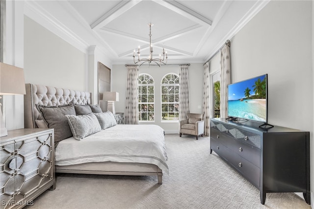 carpeted bedroom featuring coffered ceiling, a notable chandelier, and crown molding