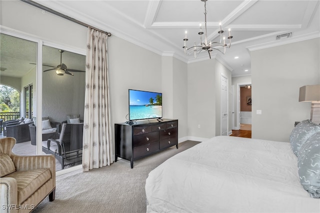 carpeted bedroom with coffered ceiling, a notable chandelier, and ornamental molding