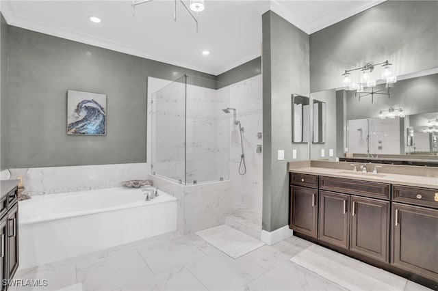 bathroom featuring tile patterned flooring, independent shower and bath, crown molding, and vanity