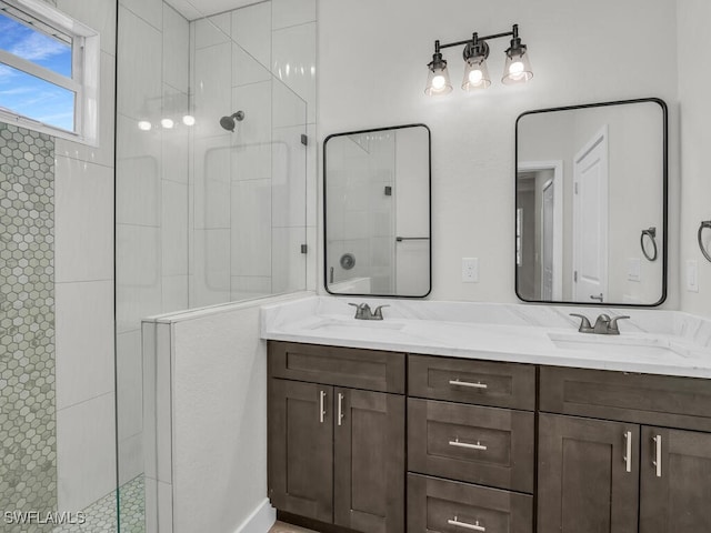 bathroom with vanity and a shower with shower door