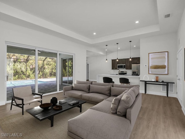 living room featuring sink, a tray ceiling, and light wood-type flooring