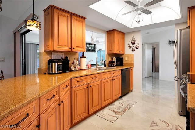 kitchen with light stone countertops, dishwasher, ceiling fan, light tile patterned flooring, and backsplash